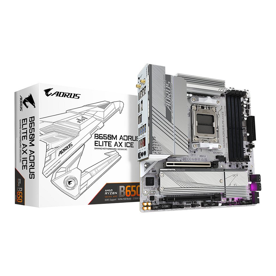 GIGABYTE Motherboard B650M AORUS ELITE AX ICE - Micro ATX - Socket AM5 - AMD B650 - B650M A ELITE AX ICE