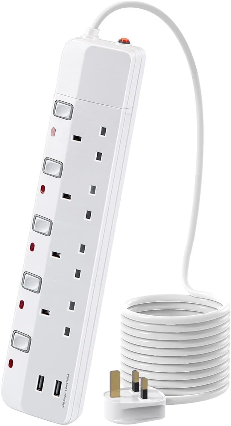 Power Extension UK Plugs - Switch and LED - 4Way 5m